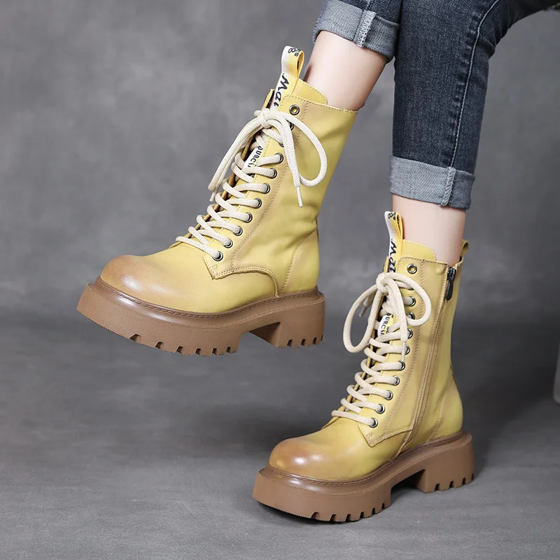 Yyvonne Leather Martin Boots High-Rise Kraft Mid-Sleeve Long Boots Autumn And Winter New Two Cotton Waterproof Table With Knight Boots