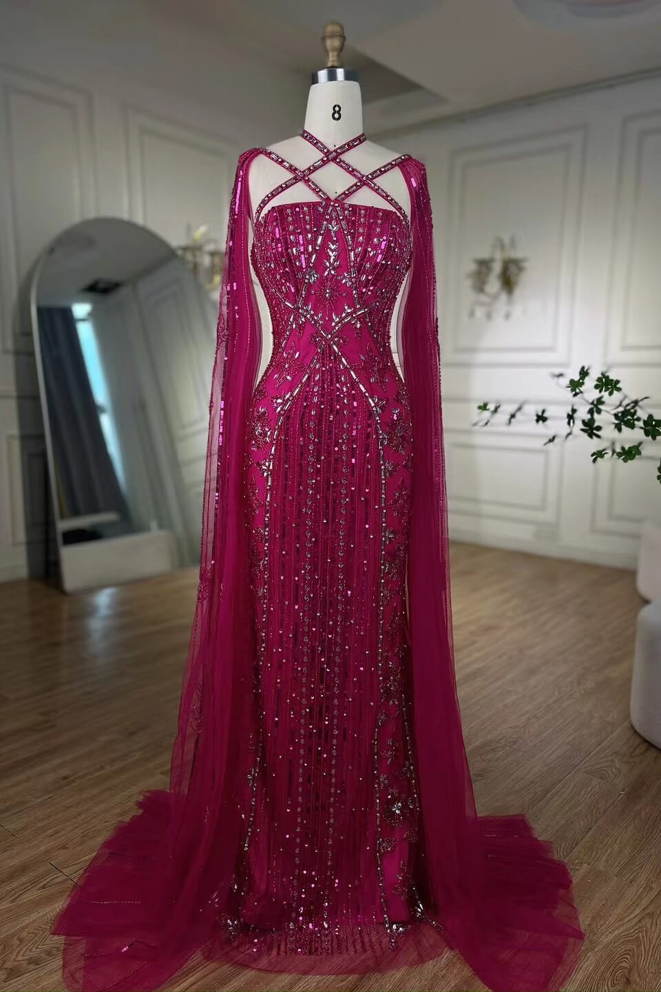 Luxury Fuchsia Crystal Mermaid Evening Gowns Long With Tulle Ruffles - lulusllly