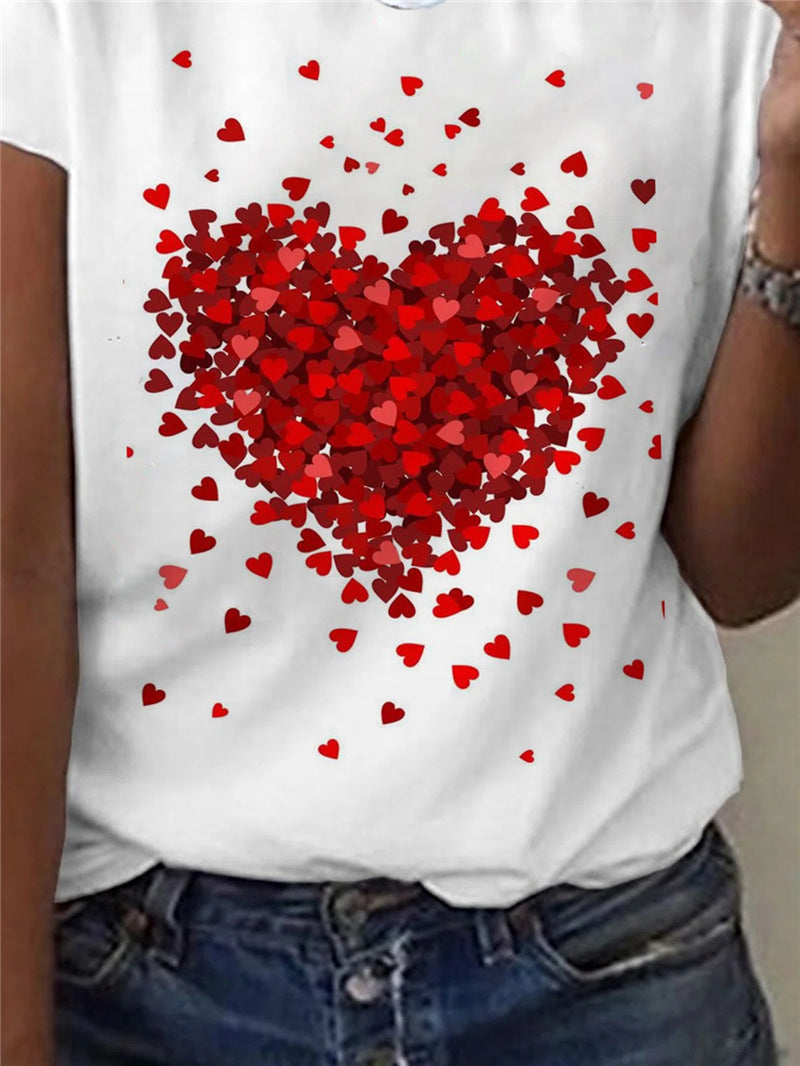 Women's Short Sleeve Round Neck Heart Print T-Shirt Top