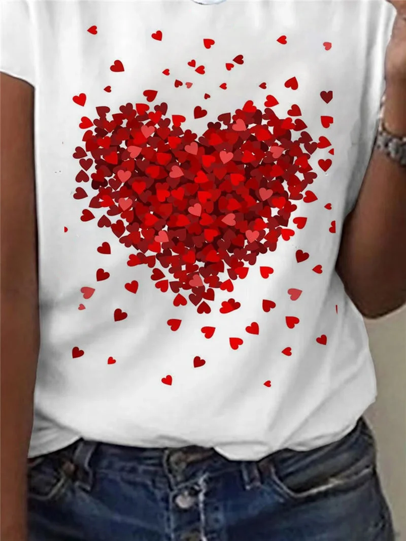 Women's Short Sleeve Round Neck Heart Print T-Shirt Top