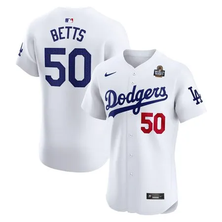 Men's Los Angeles Dodgers #50 Mookie Betts  White 2024 World Series Home Elite Player Jersey