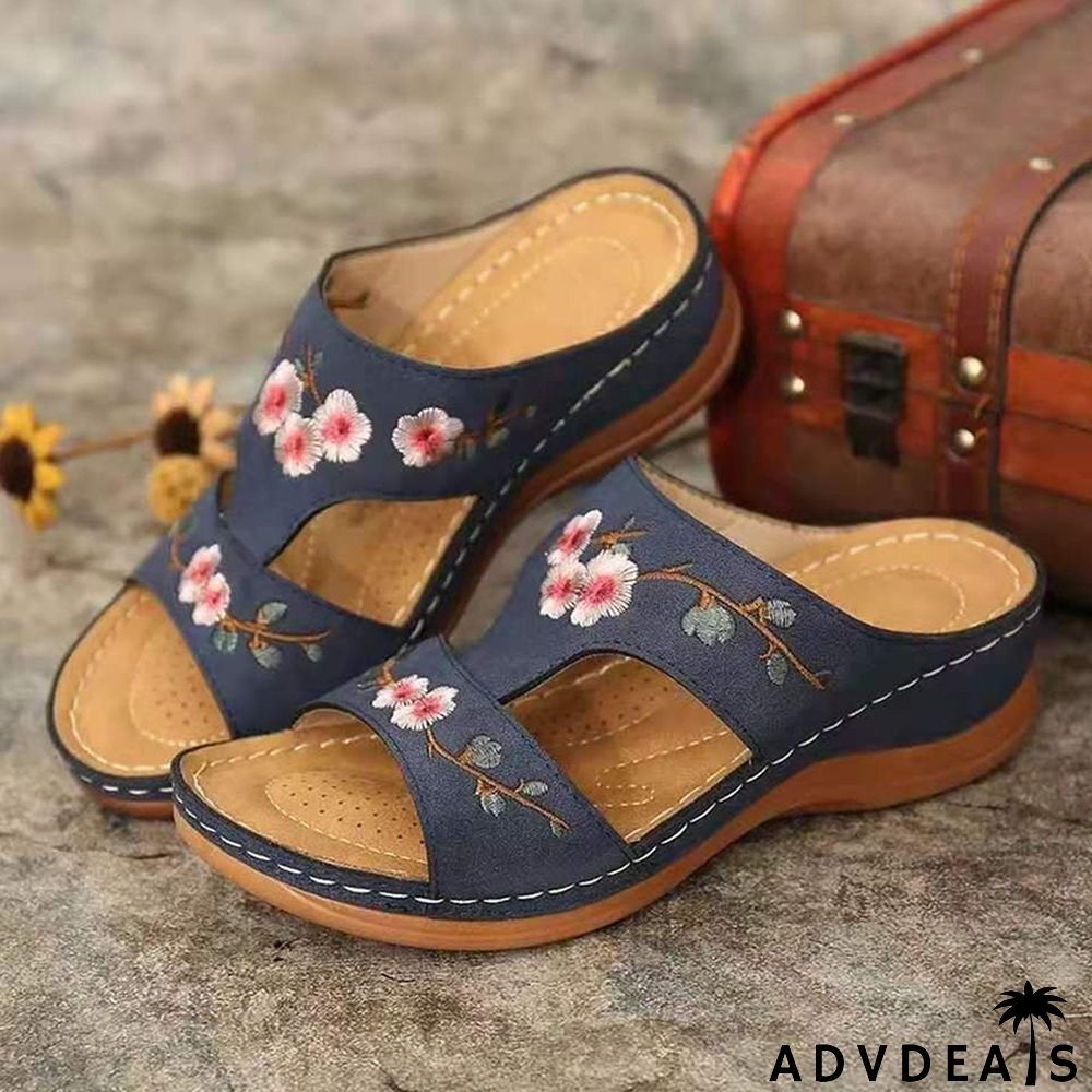 Floral Embroidered Wedge Sandals