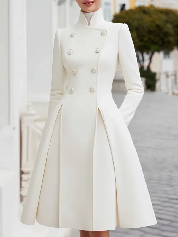 A-Line High Waisted Buttoned Pleated Pockets Solid Color Stand Collar Midi Dresses Overcoat