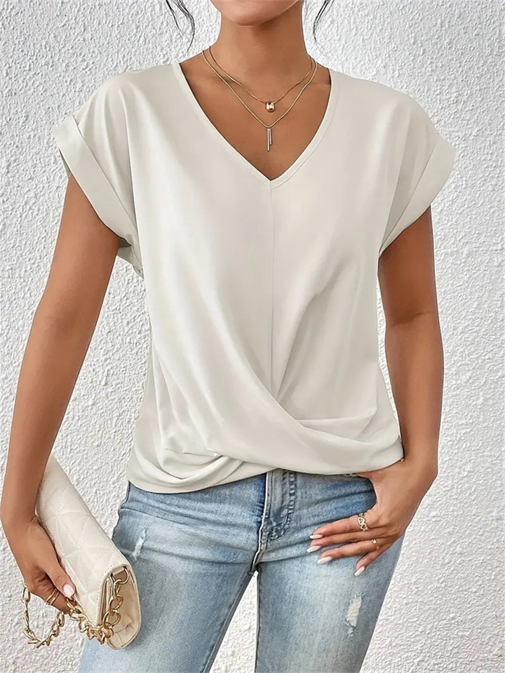 Summer New Solid Color V-neck Short-sleeved T-shirt Women's Tops