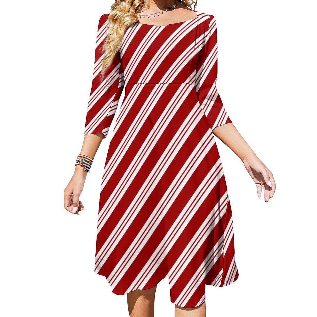 Christmas Candy Cane Stripes Dress Sweetheart Tie Back Flared 3/4 Sleeve Midi Dresses