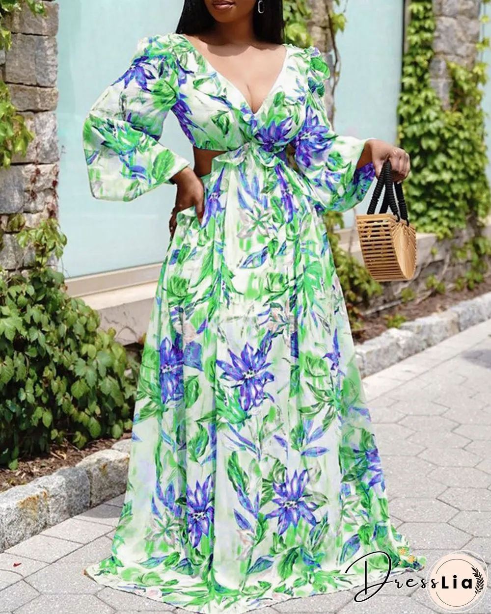Leaf Floral Print Puff Lantern Sleeve Maxi Dress