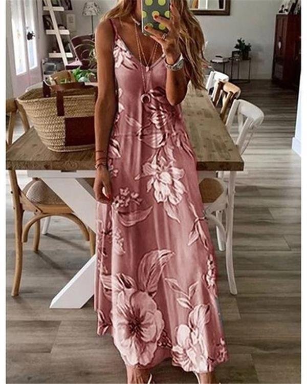Women Sling Printed Casual V Neck Sleeveless Maxi Dresses