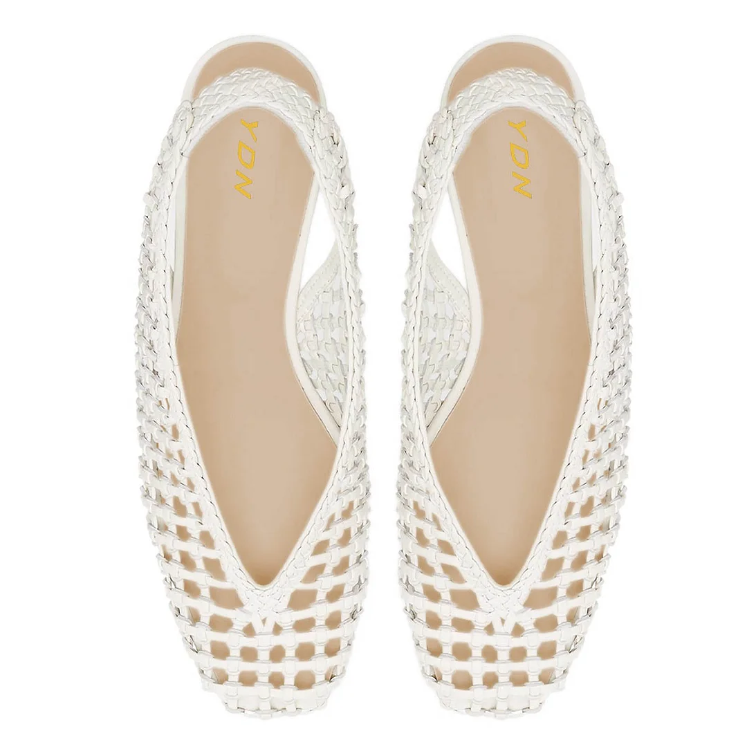 Women's Square Toe Kitten Heel Slingback Woven Cut Out White Pumps