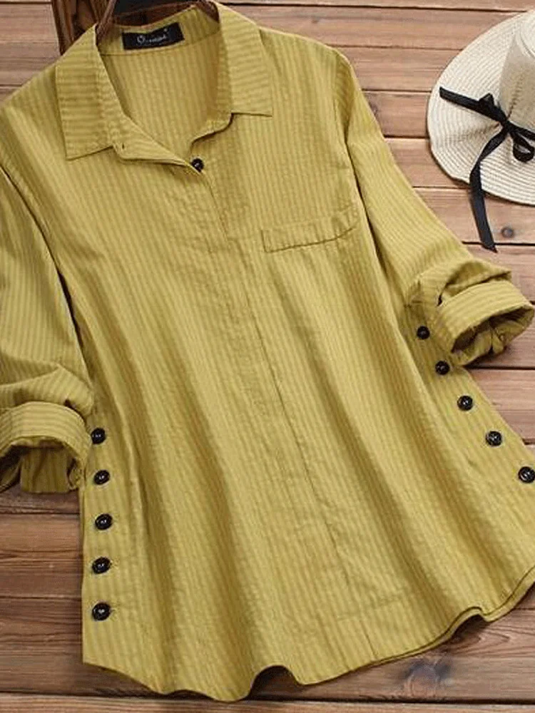 Women's Button Cotton And Linen Pocket Striped Long-sleeved Long Shirt socialshop