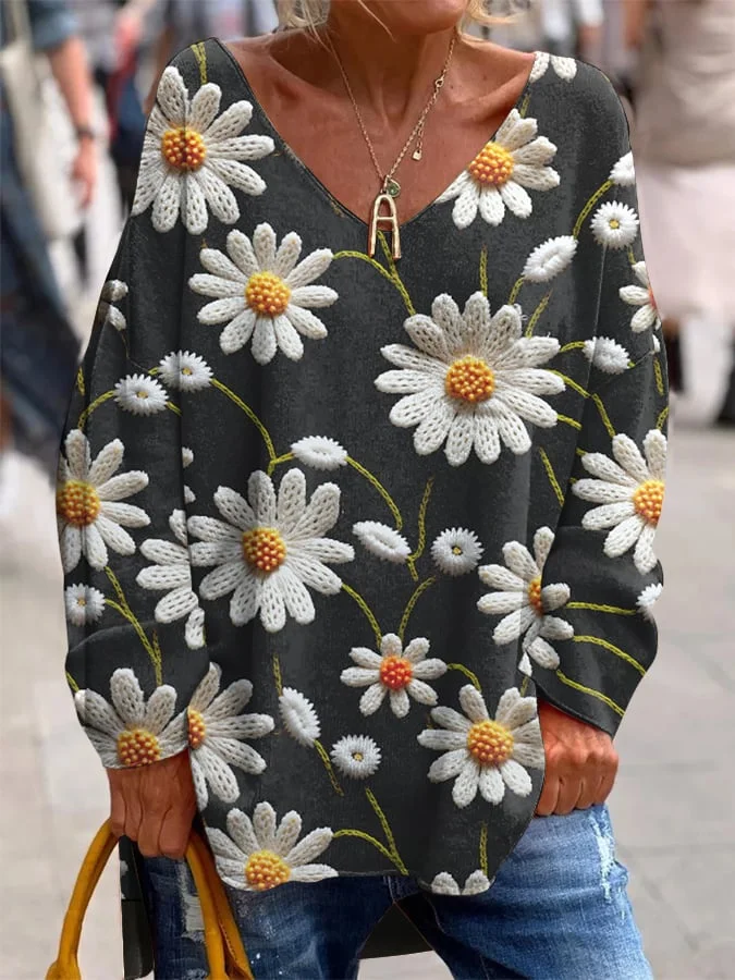 Women's Daisy Print V-Neck Long Sleeve Top