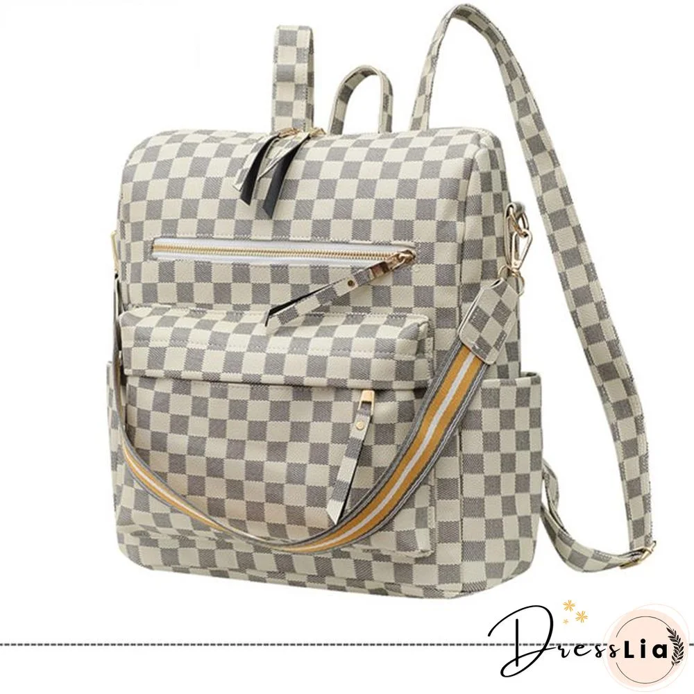 Retro Faux Leather Check Pattern Print Rucksack Vegan Backpack Tote