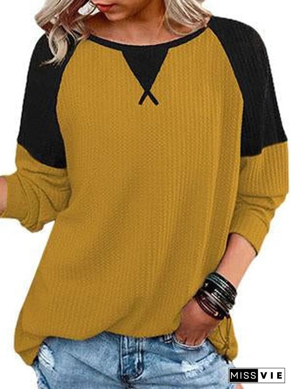 Women's Long Sleeve Scoop Neck Stitching Tops