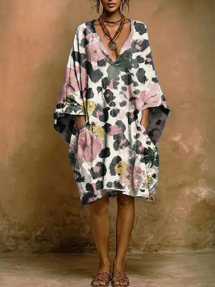 Retro Leopard Print & Floral Cotton-linen Loose V-neck Dress