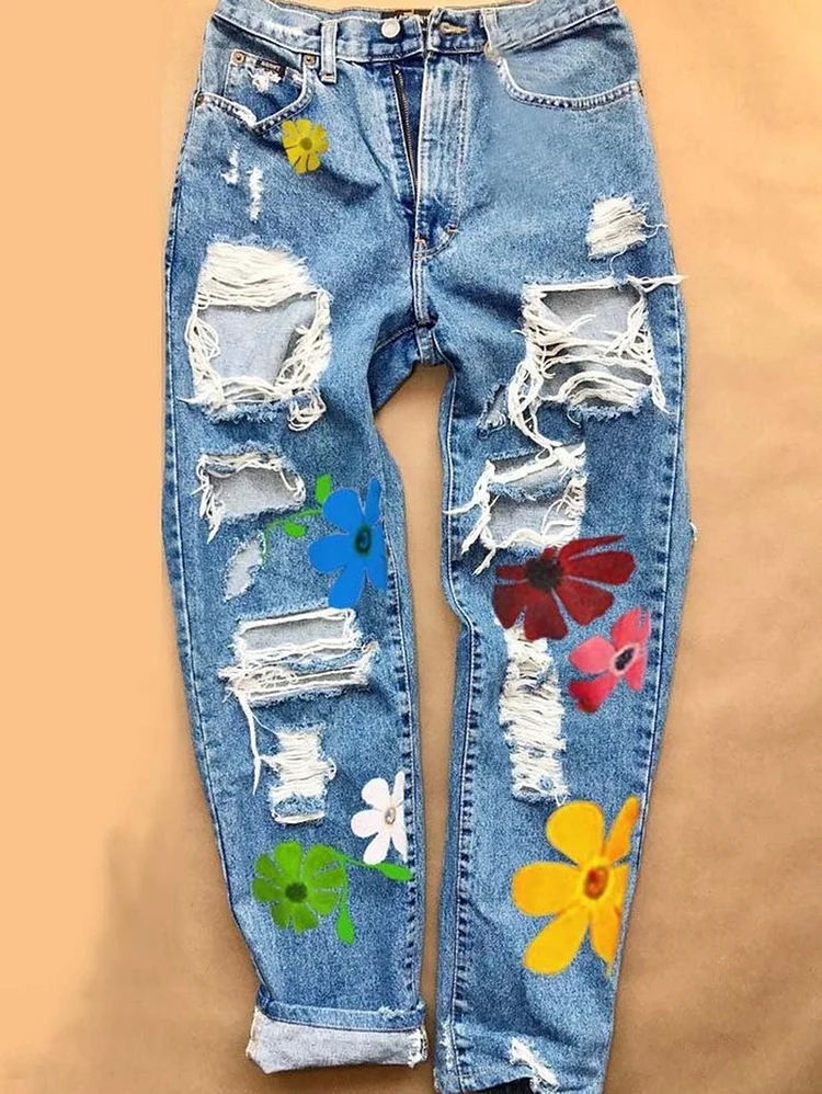 Daily Ripped Raw Edge Floral Pattern Denim Jeans