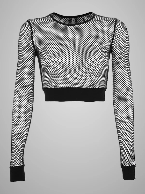 Mesh Round Neck Long Sleeve Fishnet Crop Top