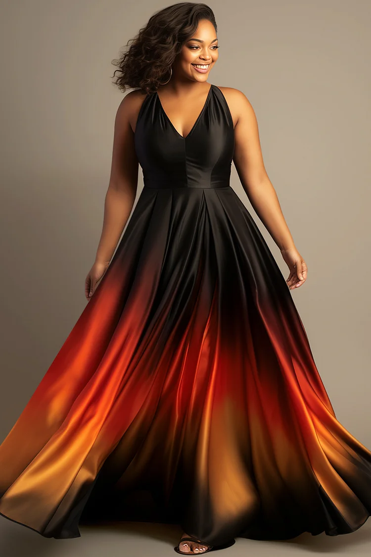 Xpluswear Design Plus Size Semi Formal Black Gradient V Neck Pocket Satin Sundress Maxi Dresses