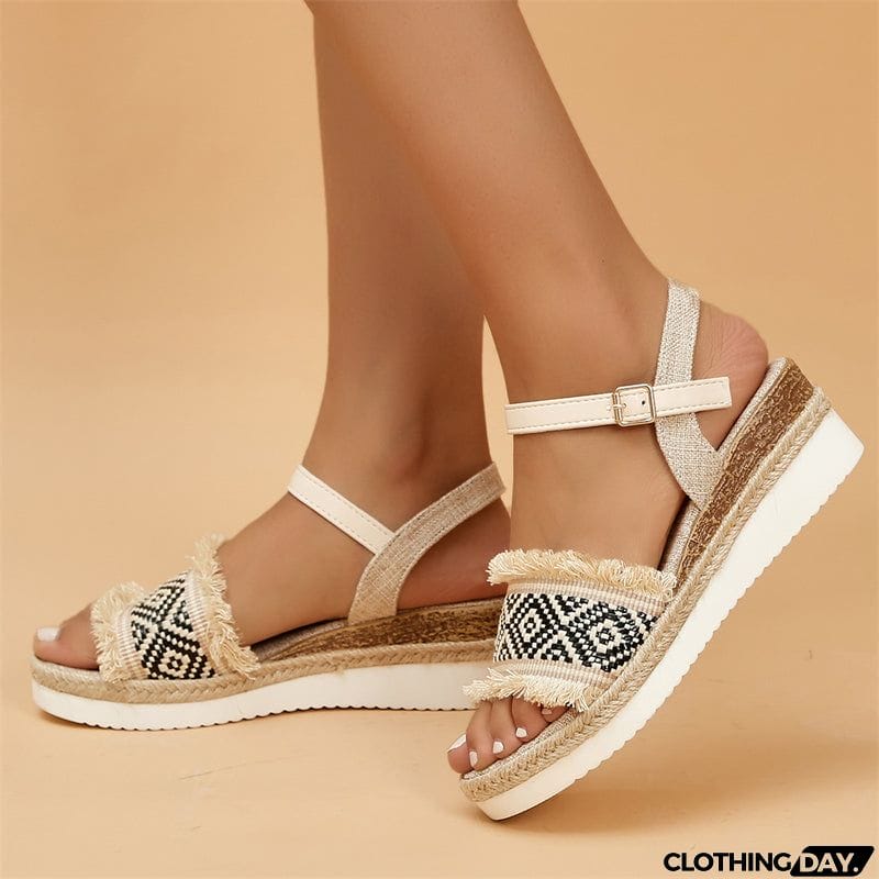 Women's Leisure Wedge Heel Raw Edge Black Roman Sandals