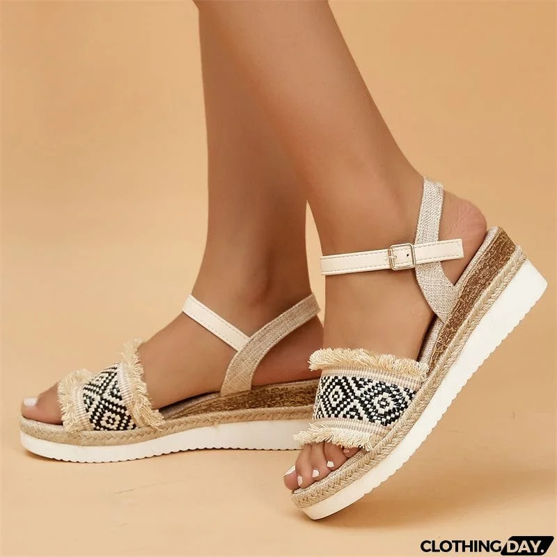 Women's Leisure Wedge Heel Raw Edge Black Roman Sandals