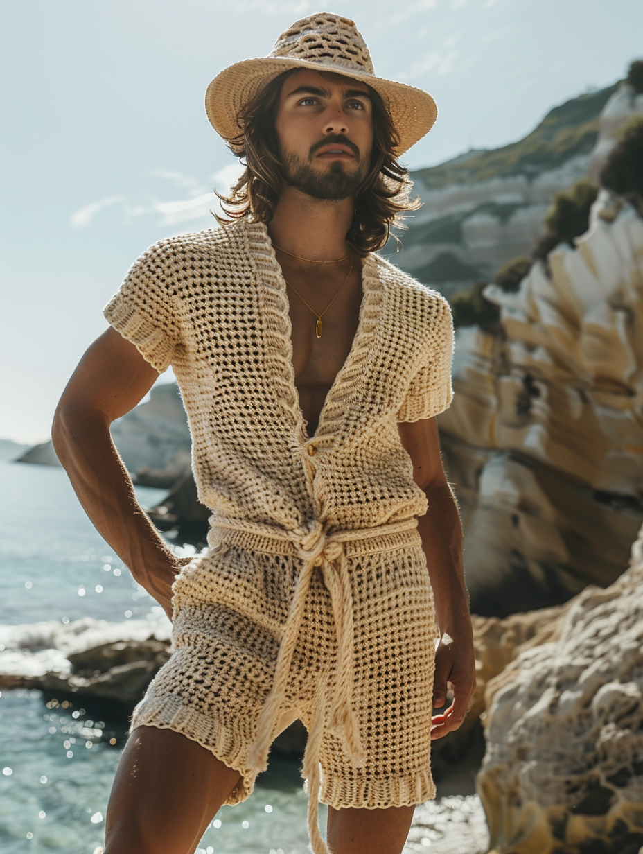 Men's Beige Kintted Crochet Short Jumpsuit