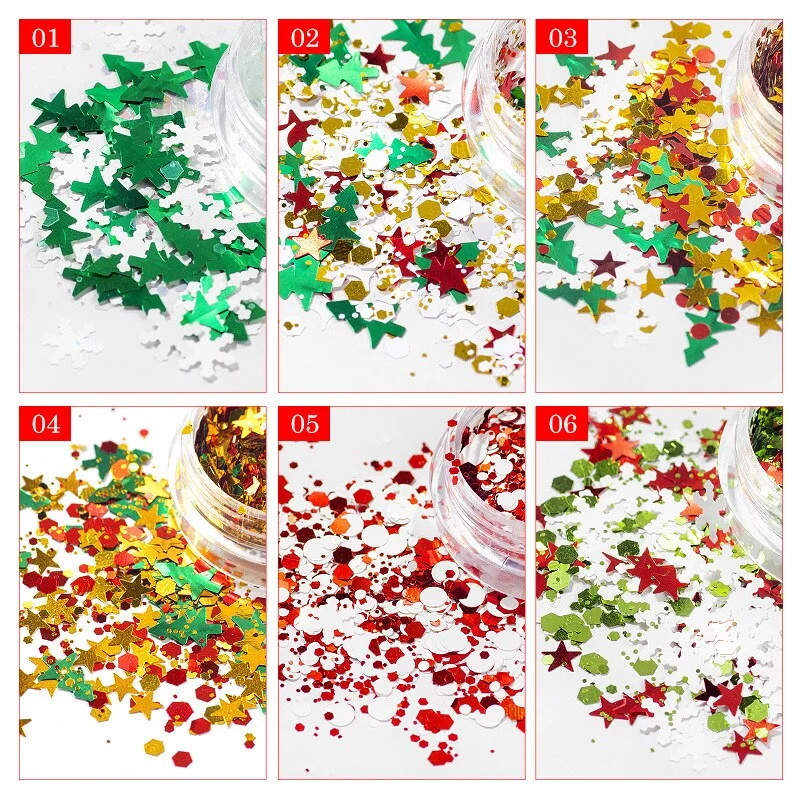 6Pcs/Set Christmas Manicure Art Decoration Snowflake Christmas Tree Snowman Pentagram Set Sequins DIY Nail Design Accessories