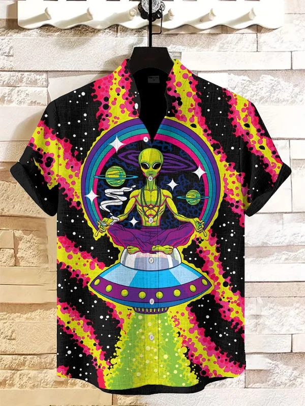 Men's Hippie Alien Meditating Art Print Casual Shirt