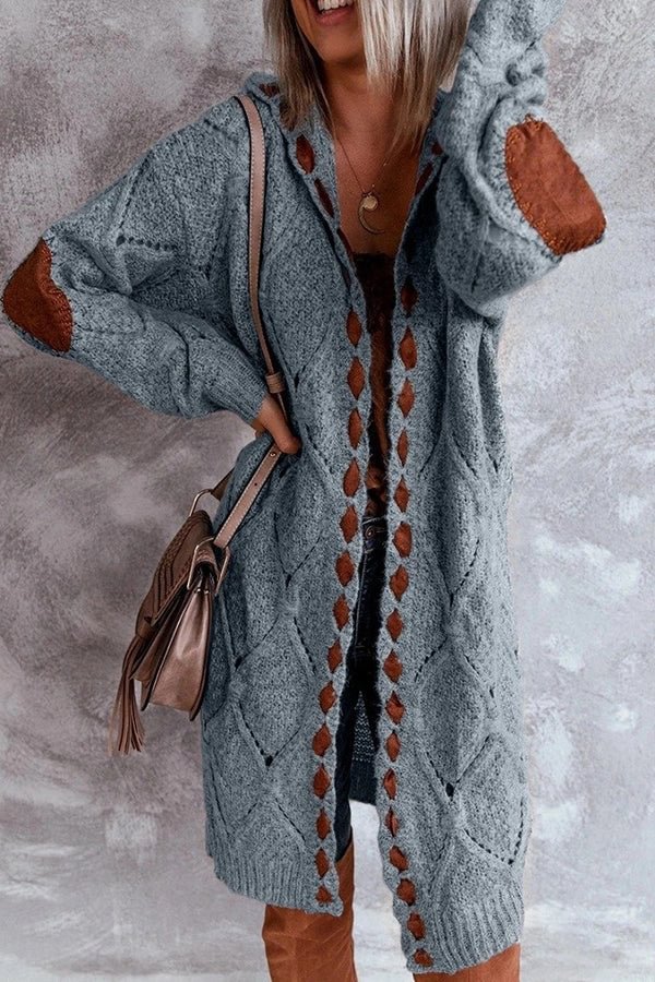 Mid-length Cable Knit Lace Trim Hooded Cardigan