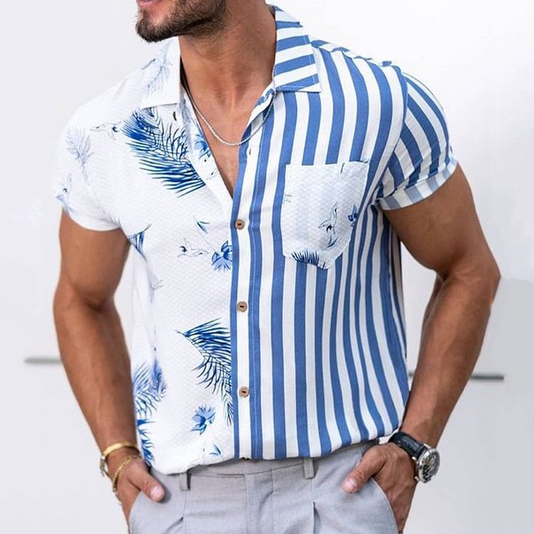 Stripe Casual Lapel Pocket Summer Men's Shirt