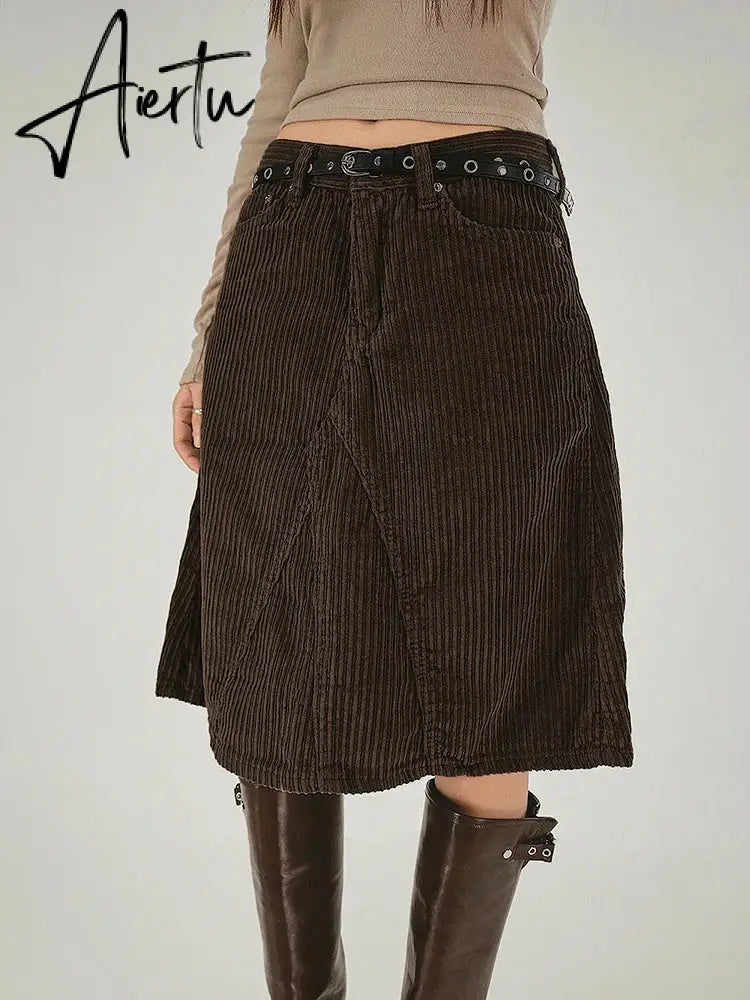 Aiertu  Elegant Fashion Corduroy A-Line Skirt Office Ladies Solid Low-Waited Midi Skirts Women  Autumn Winter Streetwear Aiertu