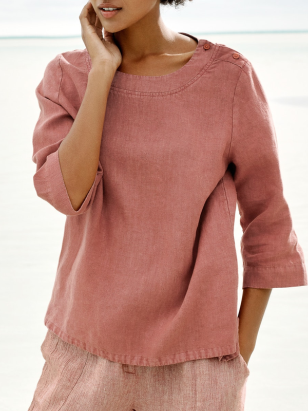 Women Buttoned Crew Neck Solid Casual Tops