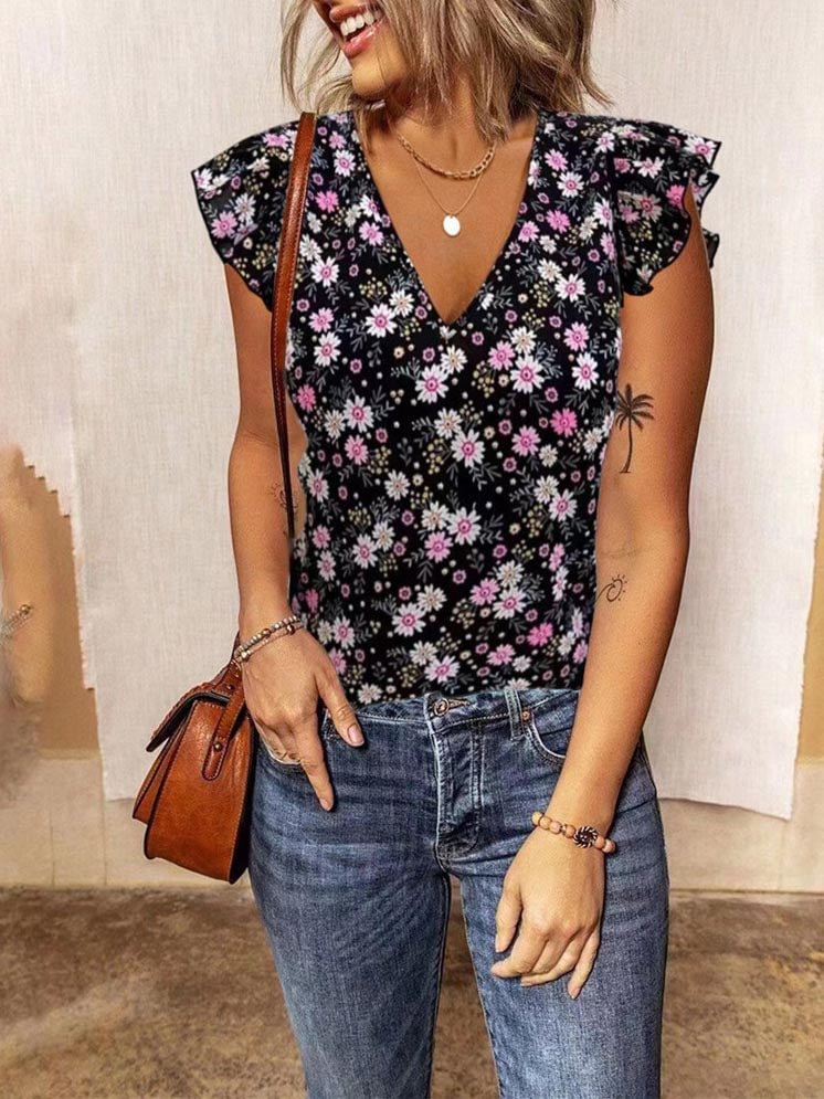 Casual V Neck Floral Sleeveless Tank Top