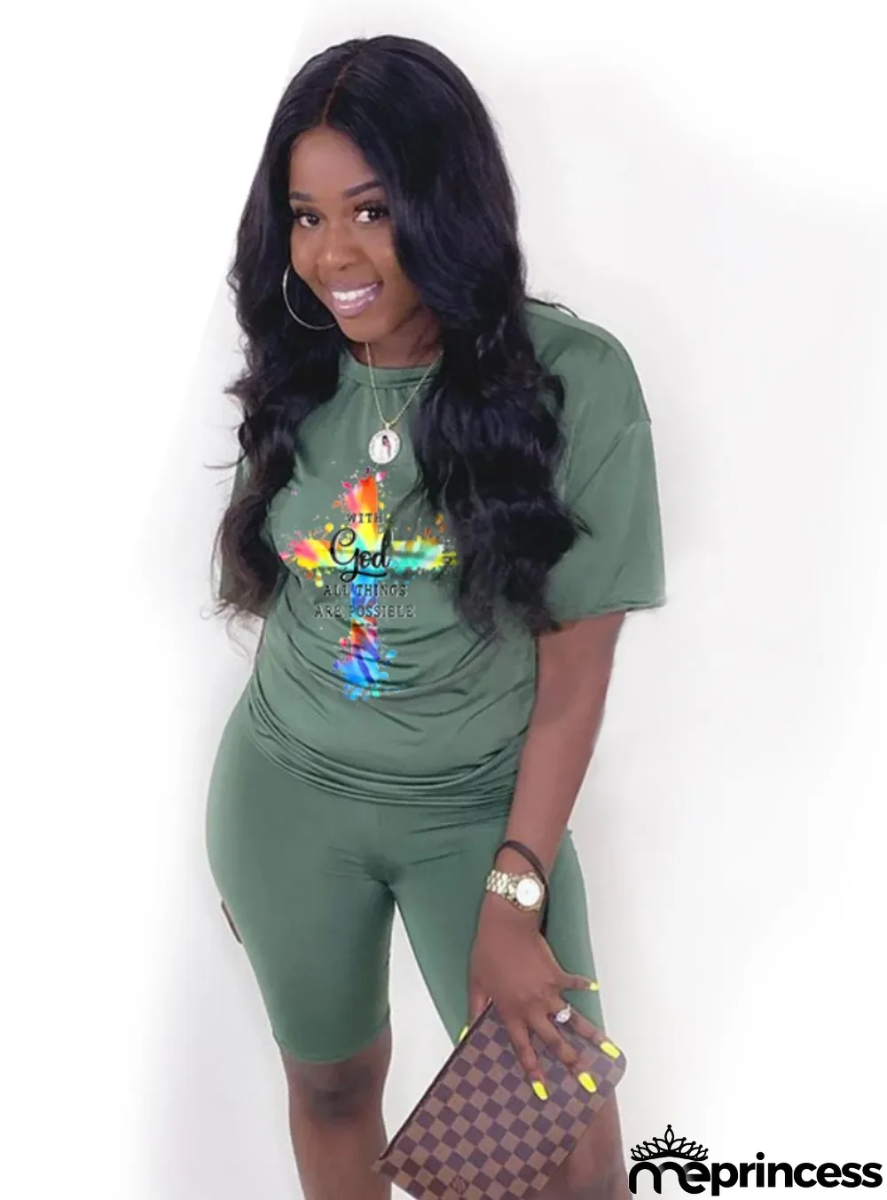Summer Women Casual Printed Green Round Neck Short Sleeve T-shirt and Midi Shorts Two Piece Set Wholesale Biker Shorts Set