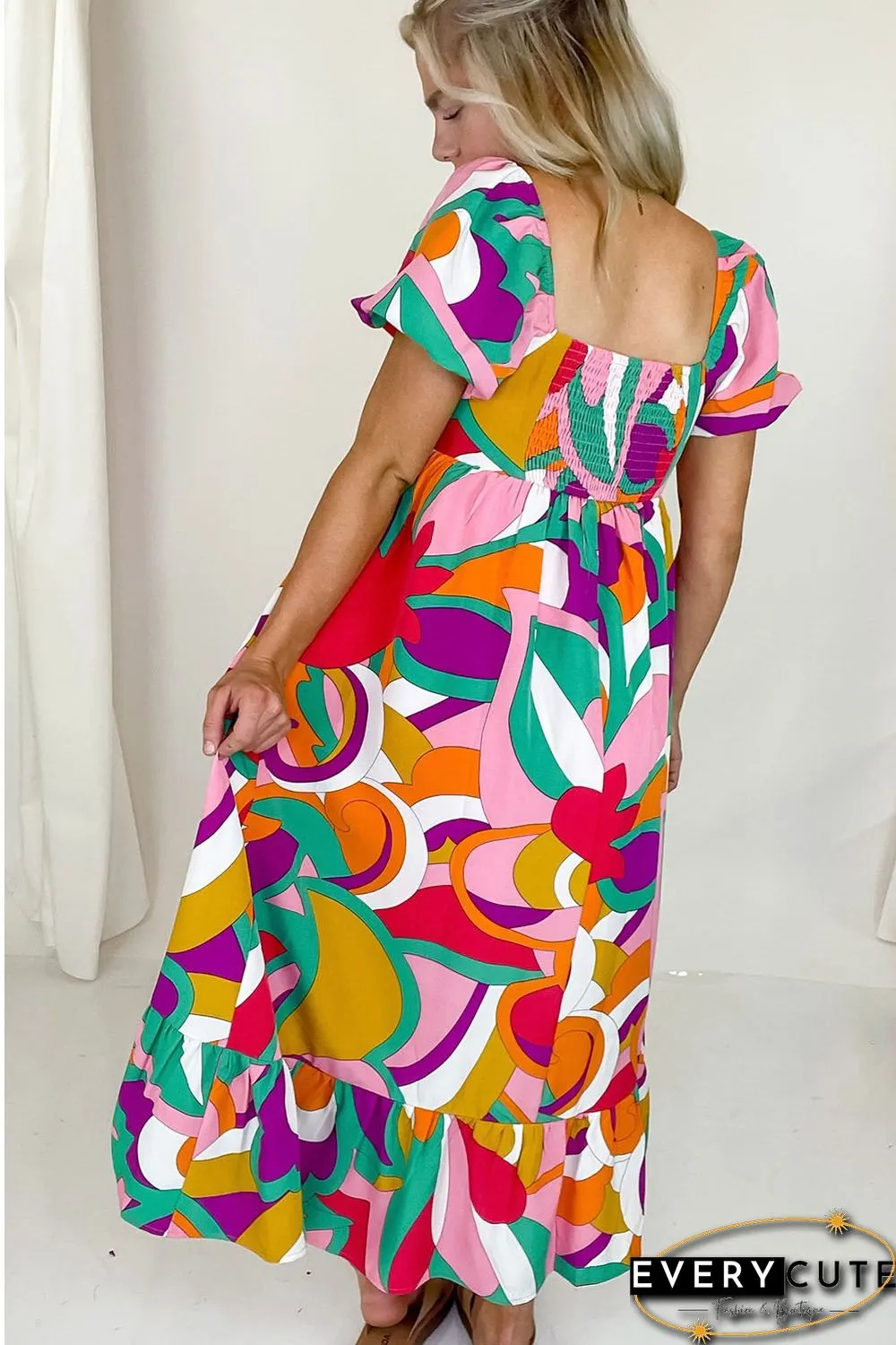 Red Abstract Print Square Neck Flowy Midi Dress