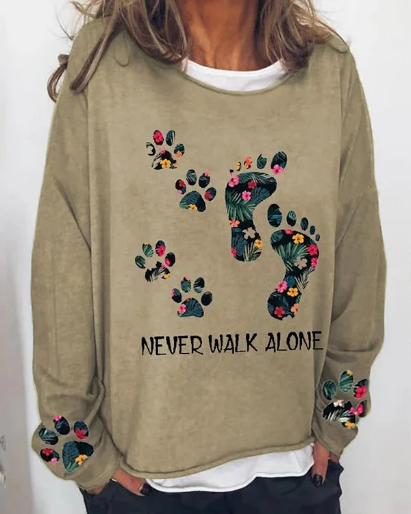 Women's NEVER WALK ALONE Dog Paw Printed Casual Sweater