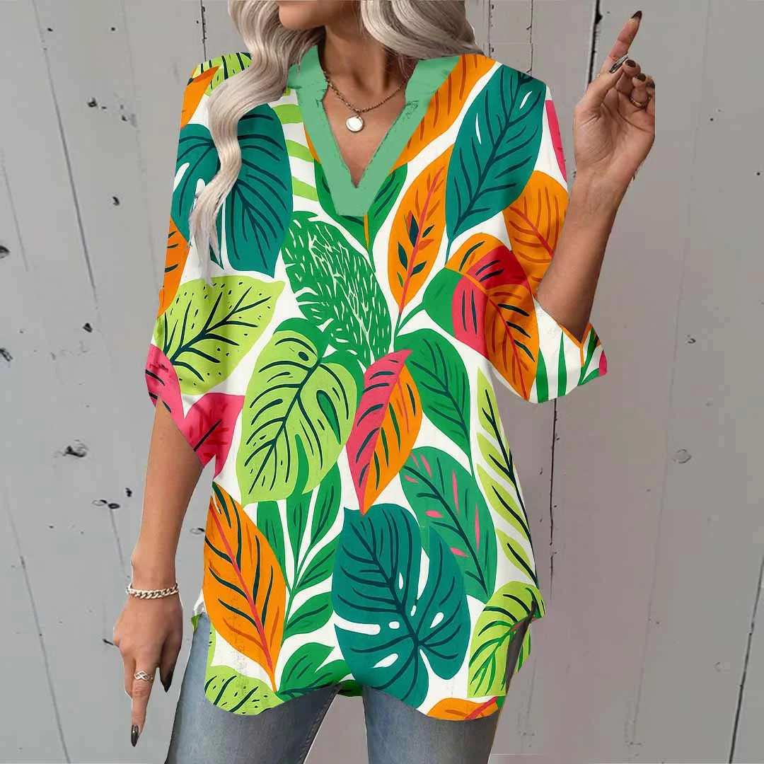 Women Tropical, Floral, Green DZGA0081 3/4 Sleeve V-neck Printed Graphic Button Tops