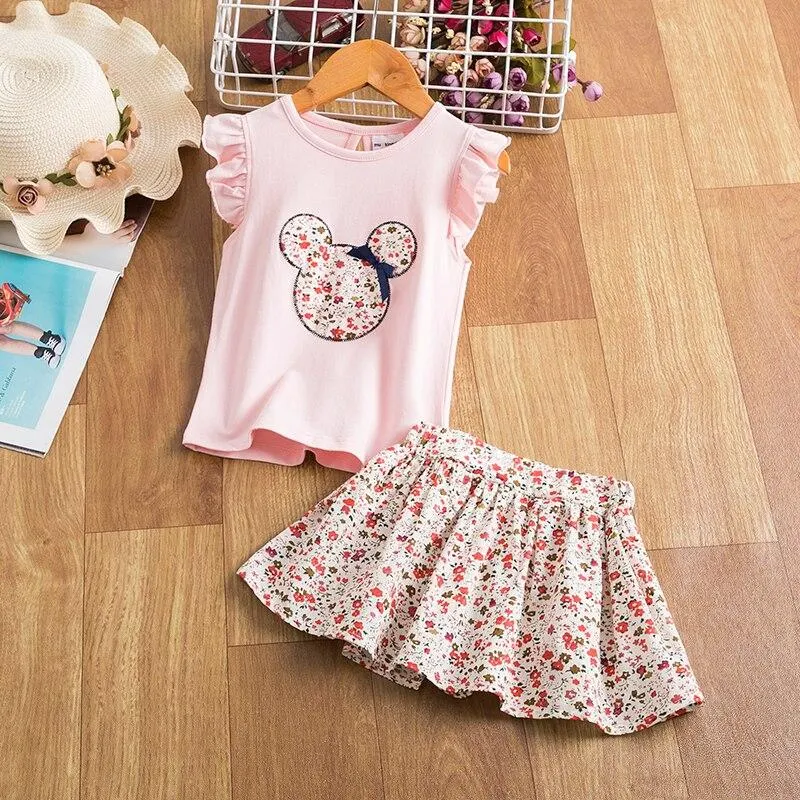 Baby Girls Clothes Set Summer Ruffle Sleeve T-shirt+Floral Print Skirt Toddler Kids Bear Cartoon Outfits Suit Children Tracksuit