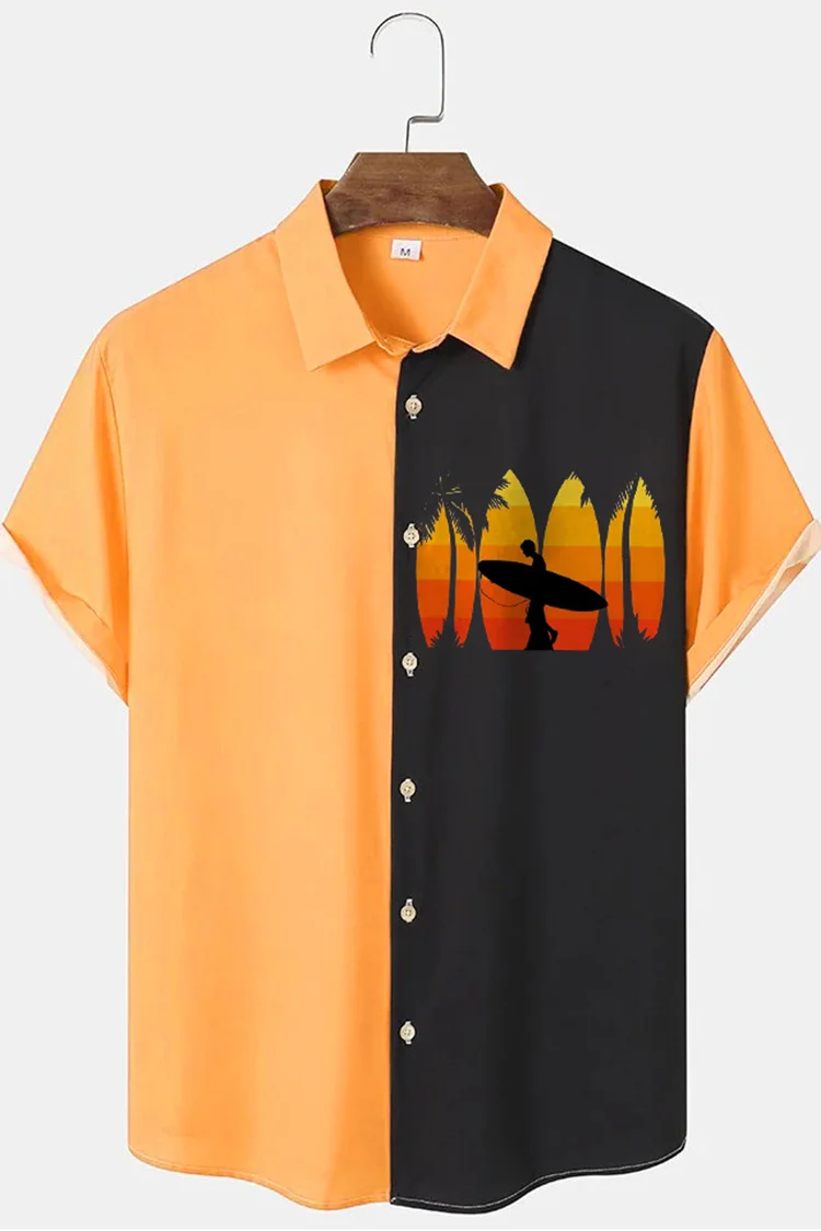 Tiboyz Resort Style Surf Pattern Colorblock Short Sleeve Shirt