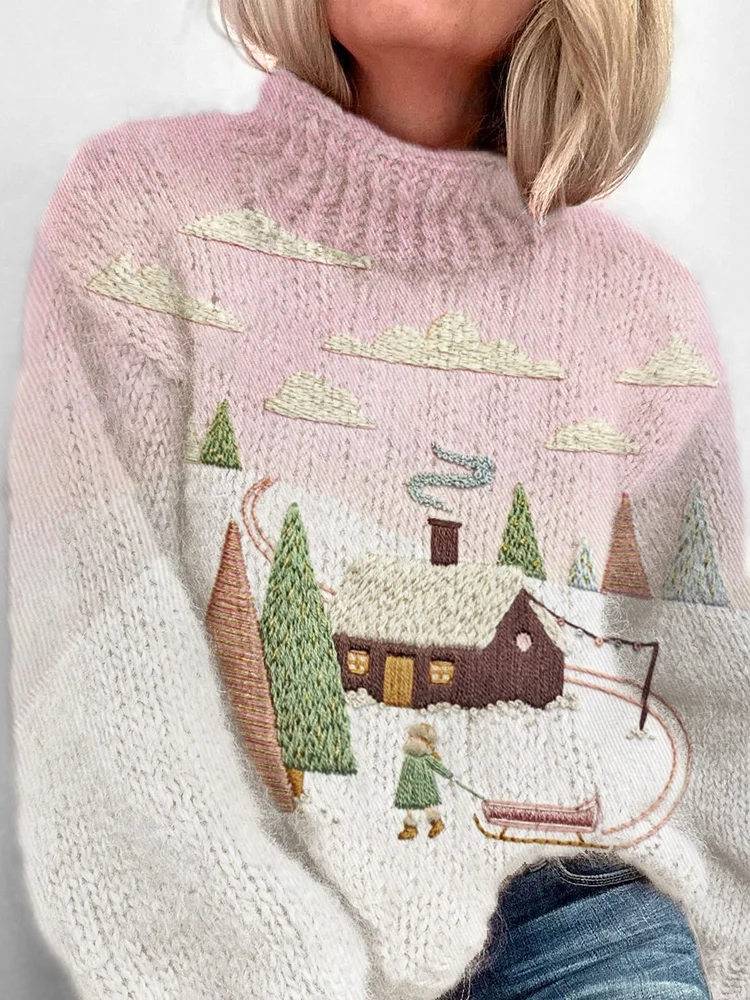 Winter Landscape Cosy Cabin Hideaway Embroidery Cozy Turtleneck Sweater
