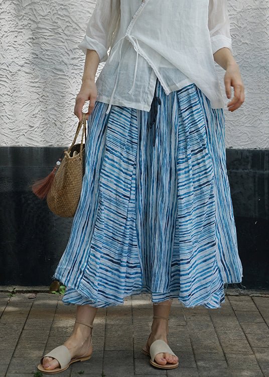 Boho Blue asymmetrical design Striped Patchwork Linen Skirt Spring CK489- Fabulory