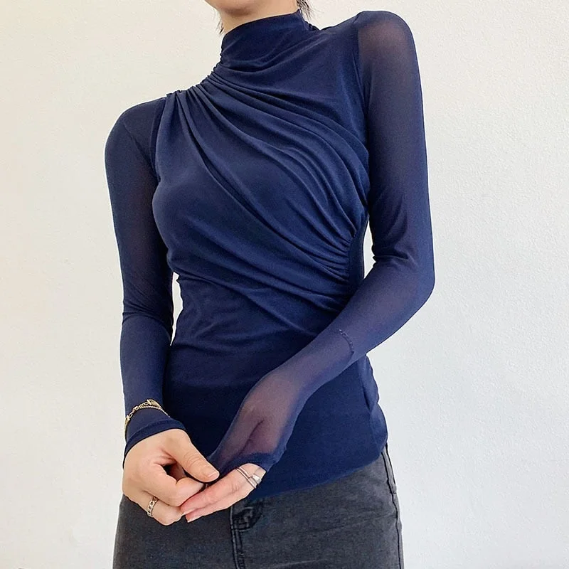 Korean fashion women's pleated long-sleeved slim solid color blouse casual ladies office shirt blouse 12696