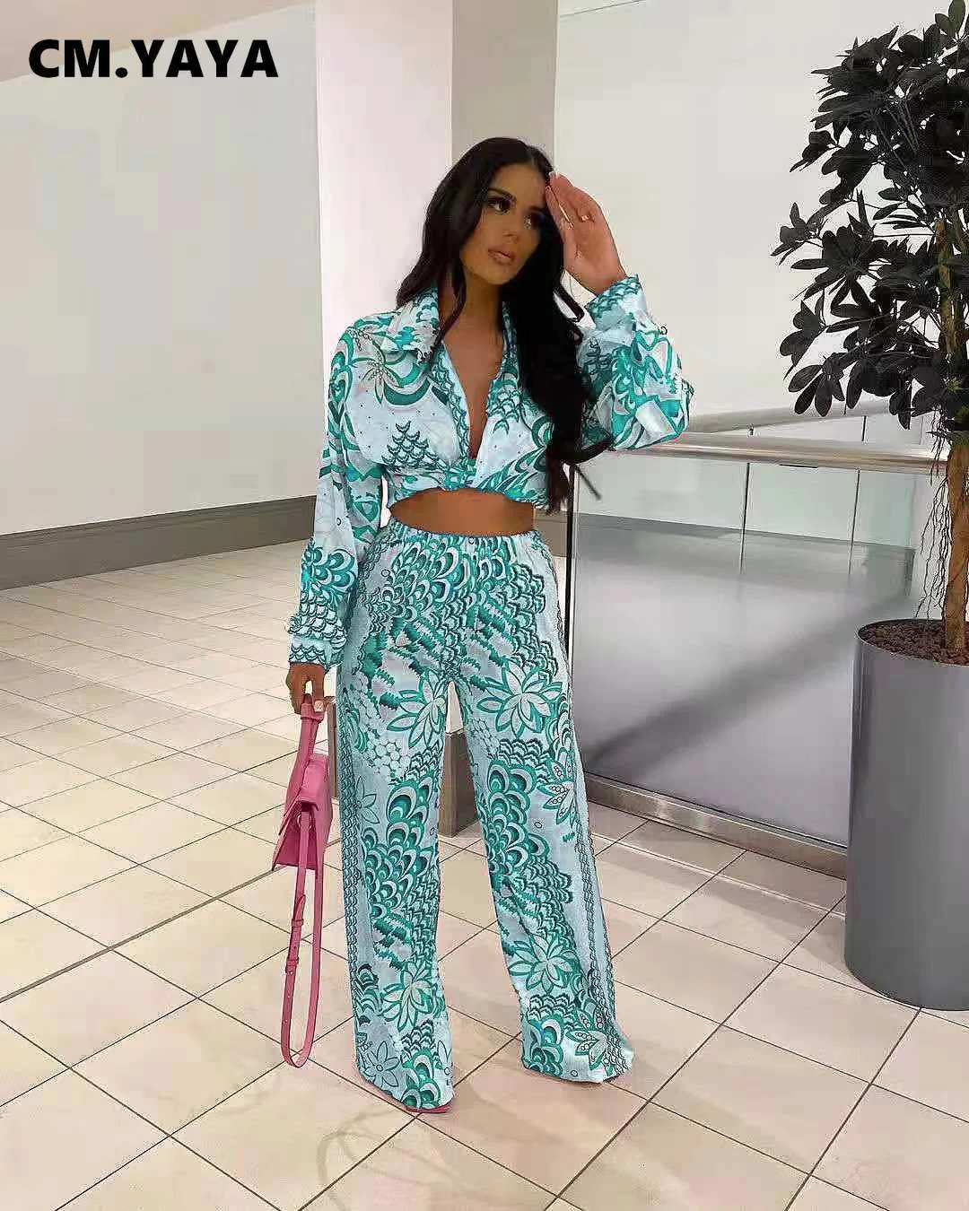 CM.YAYA Women Set Print Full Sleeve Turn-down Collar Bandage Crop Tops Wide Leg Pants Two 2 Piece Sets Fashion Outfit Autumn
