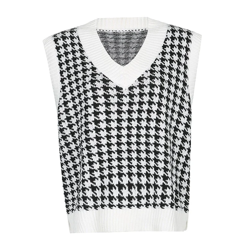 HEYounGIRL Plaid V Neck Vintage Sweater Vest Casual Elegant Sleeveless Jumpers Pullover Autumn Knitted Top Winter High Street