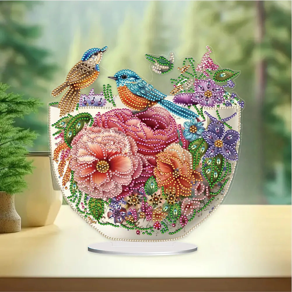 5D DIY Artistic Flower Bird Acrylic Special Shaped Desktop Diamond Art Kit for Desktop Decor