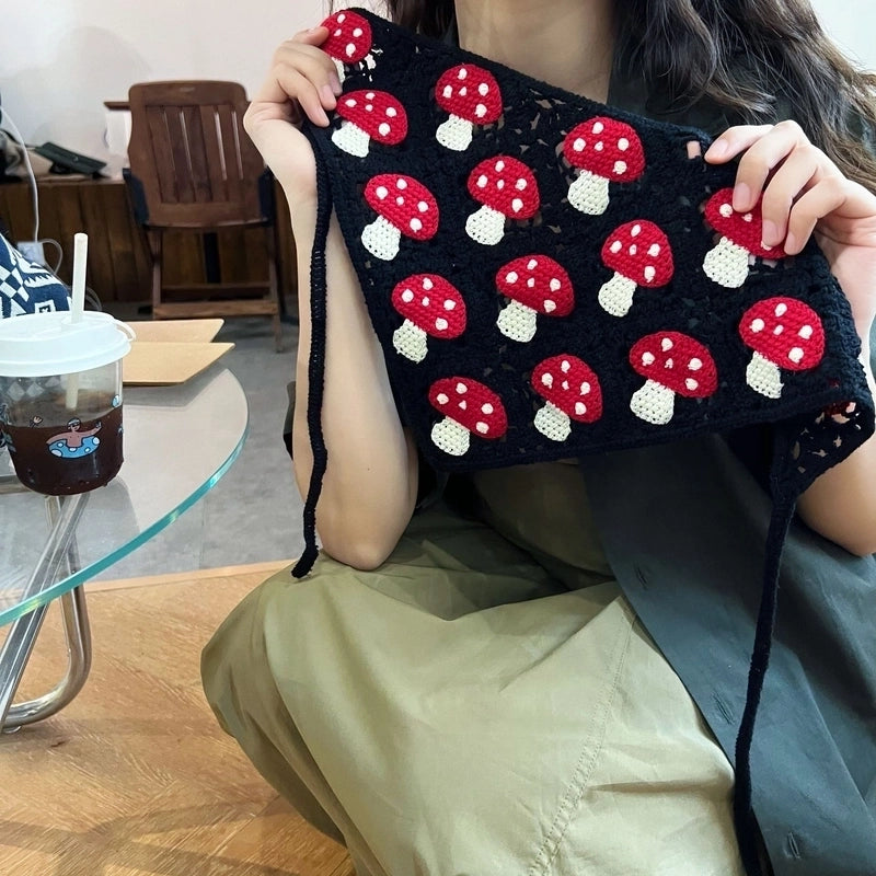 Sweet Handmade Mushroom Strawberry Crocheted Scarf French Triangle Scarf Closed Toe Women’s Net Red Knitted Hair Band Headband