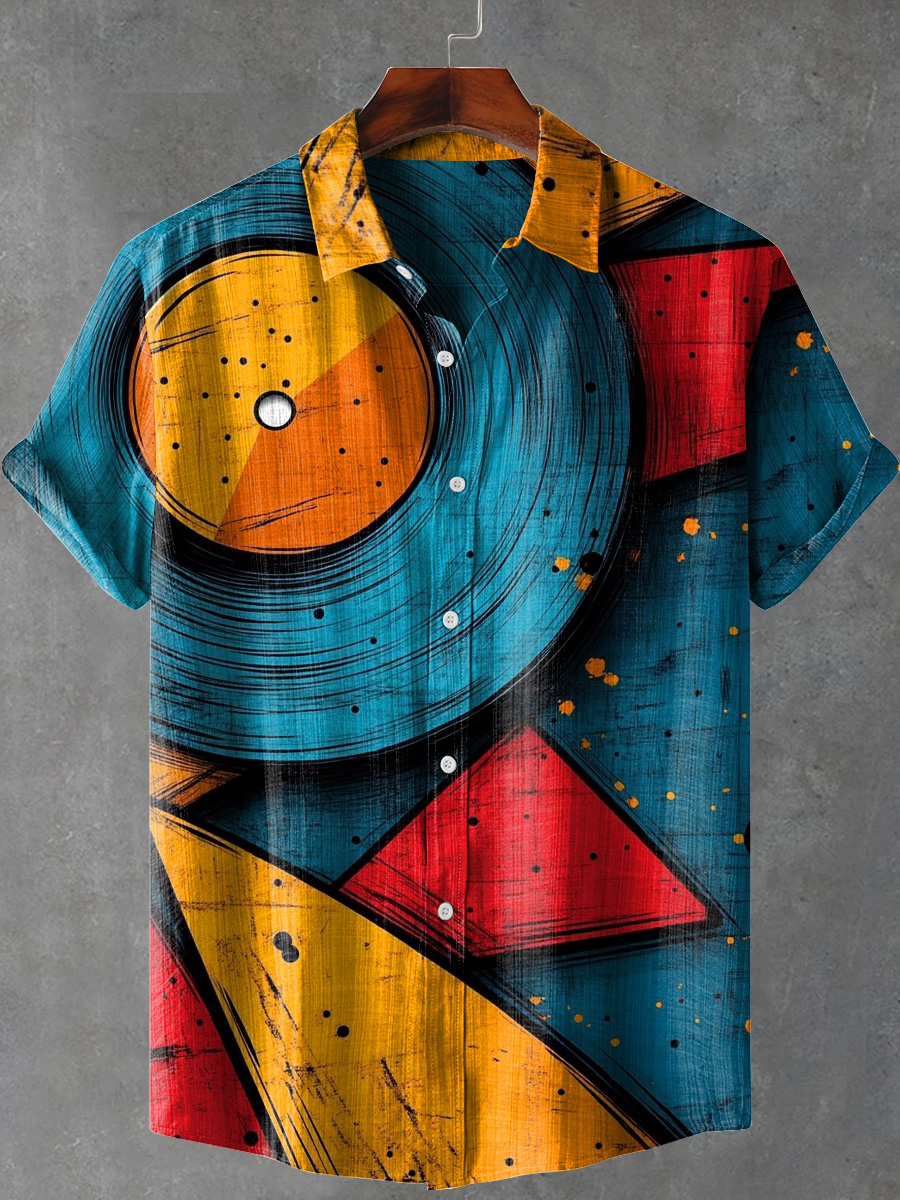 Retro Vinyl Record Cartoon Art Print Casual 100% Cotton Shirt