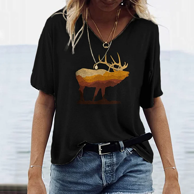 Vefave Short Sleeve Gradient Elk Print T-Shirt