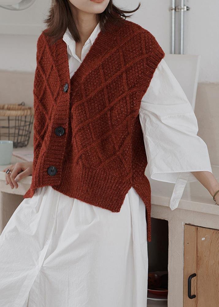 Cute burgundy sweater tops Loose fitting sleeveless knitwear v neck