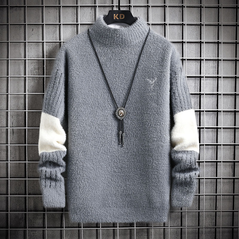 Mens Autumn Winter Mock Neck Pullover Men Fashion Casual Slim Cashmere Print Knitted Sweater High Quality Street Warm Sweatshirt