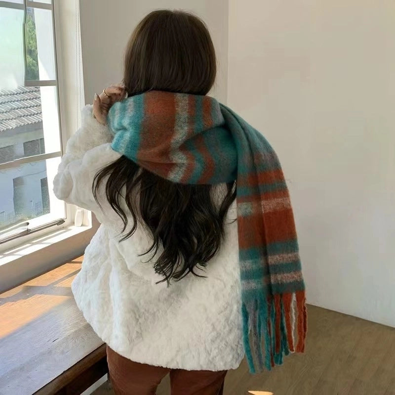 Autumn And Winter Thickened Scarf Women’s Korean-style Rainbow Plaid Tassel Mohair Shawl Student Versatile Warm Scarf Fashion
