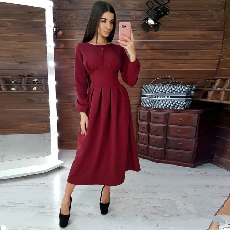 Women Vintage Front Hollow Out A-line Party Dress Long Sleeve O neck Solid A-line Party Dress 2019 Winter Fashion Women Dress