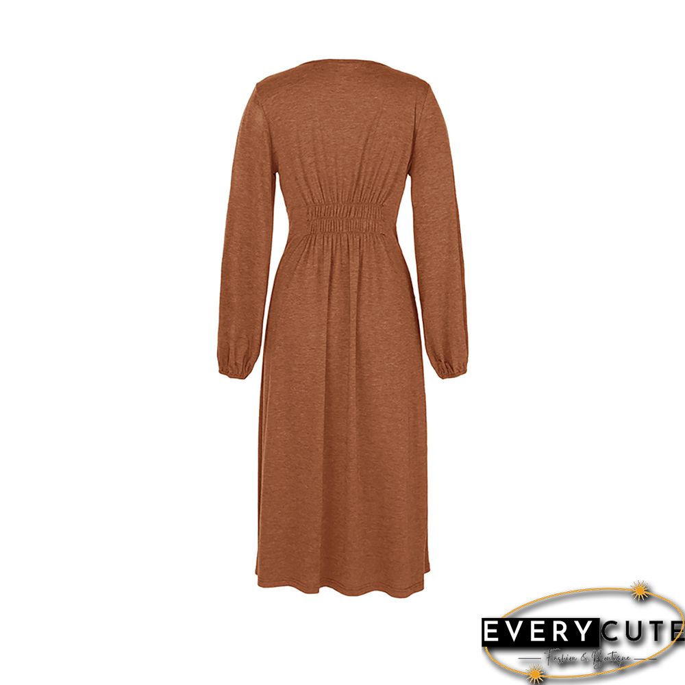 Orange Pleated V Neck Buttoned Long Sleeve Midi Dress